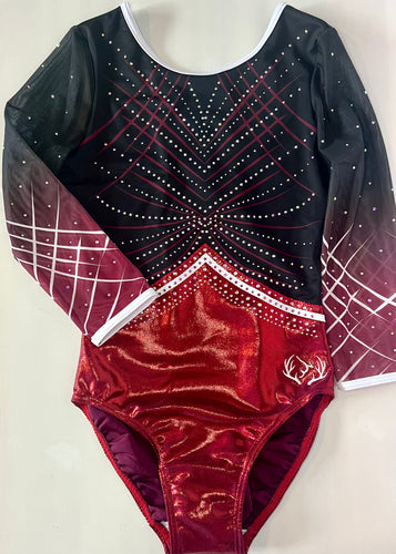 Burgundy and Black 3/4 Sleeved Competition Leotard - Standard AB Diamantés - Stag Gymnastics Leotards