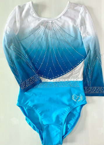 Ocean Blue and White 3/4 Sleeved Competition Leotard - Swarovski AB Diamantés - Stag Gymnastics Leotards